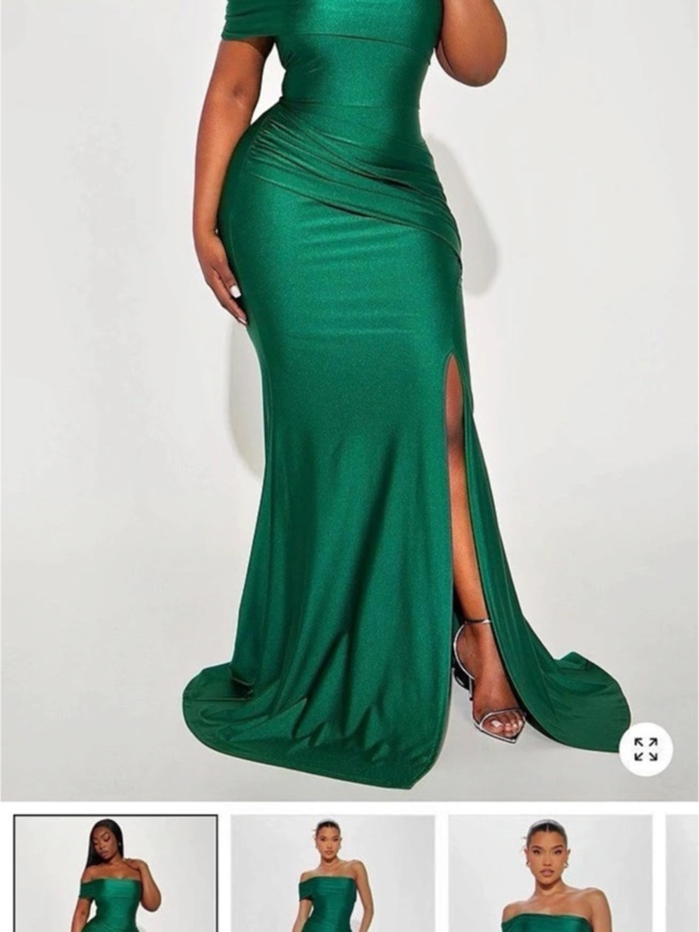 Fashion Nova Romantic Nights Maxi Dress Ruched Off-Shoulder Maxi Dress in Green